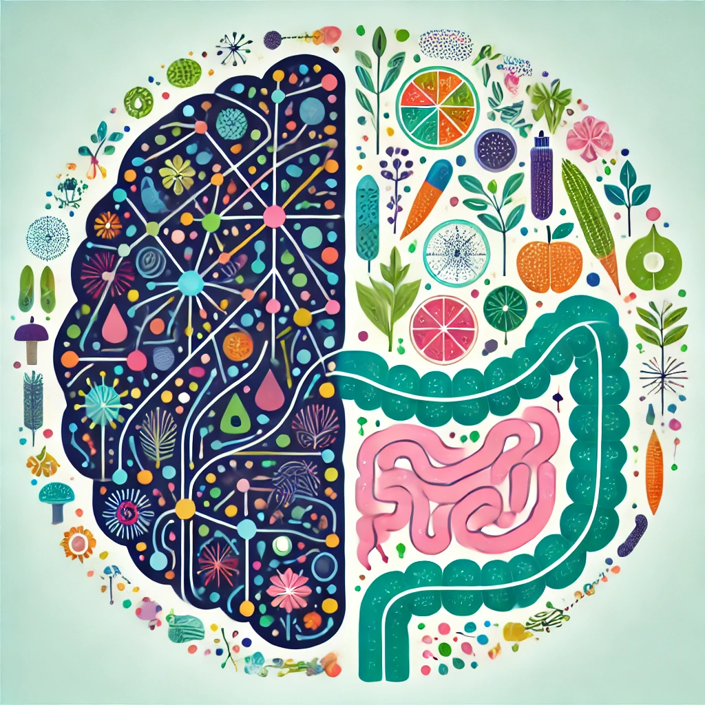 Illustration of the connection between autism and gut health, showing a brain on one side and a digestive system with healthy foods on the other.