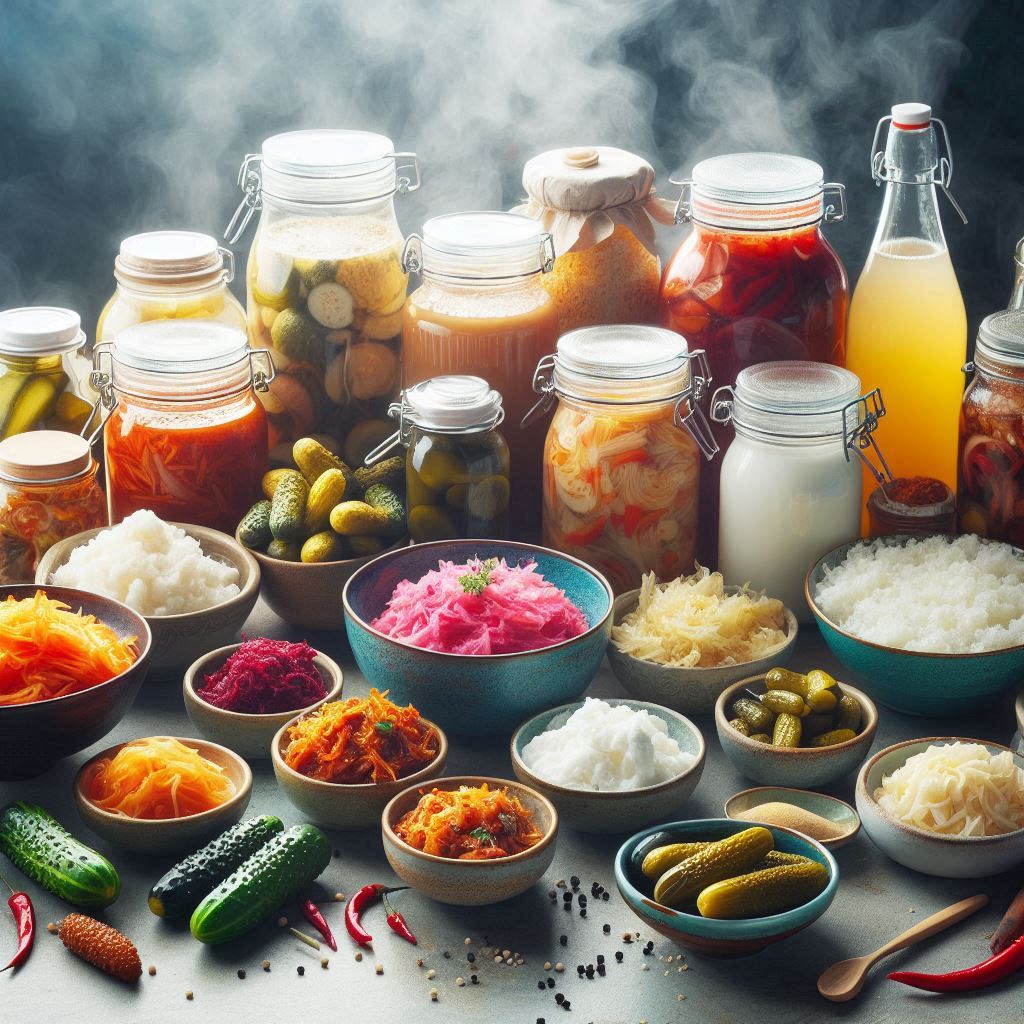 An assortment of fermented foods including kimchi, sauerkraut, pickles, yogurt, miso paste, and kombucha