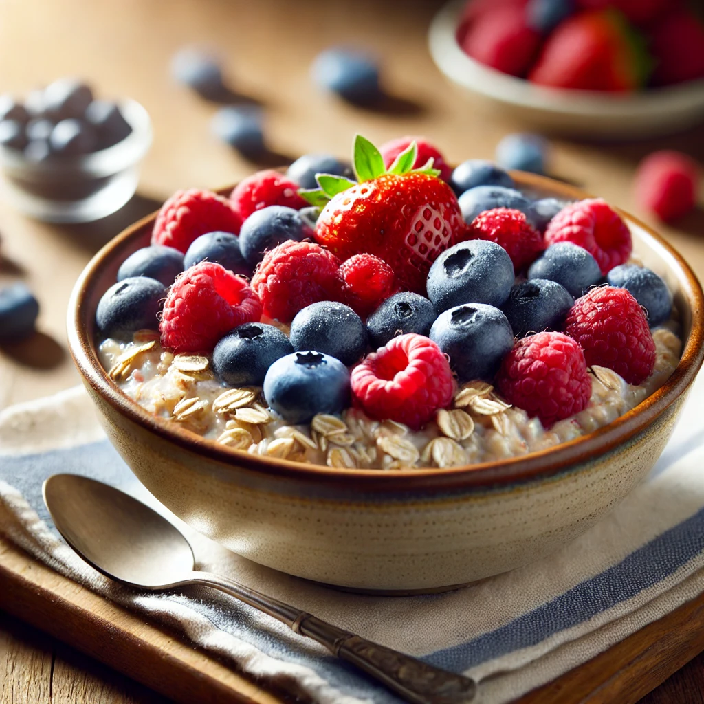 A bowl of sprouted roll oats topped with fresh blueberries, raspberries, and strawberries on a wooden table, with natural lighting and a spoon beside it