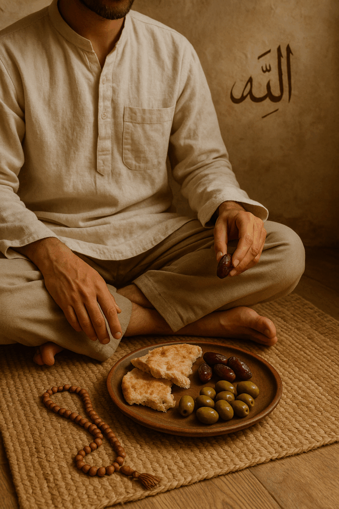 Man sitting in Sunnah-style cross-legged position while eating a healthy meal, with overlay text highlighting digestive benefits like improved digestion, reduced acid reflux, and mindfulness.