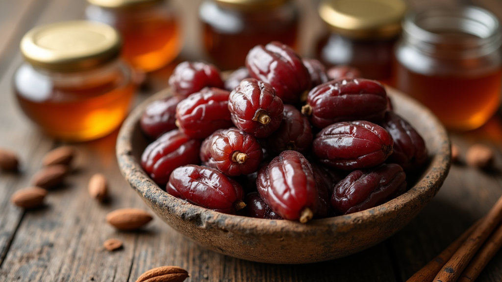A rustic bowl filled with luscious whole dates on a wooden table, with scattered date pits and a handful of green palm leaves for a natural, wholesome scene.