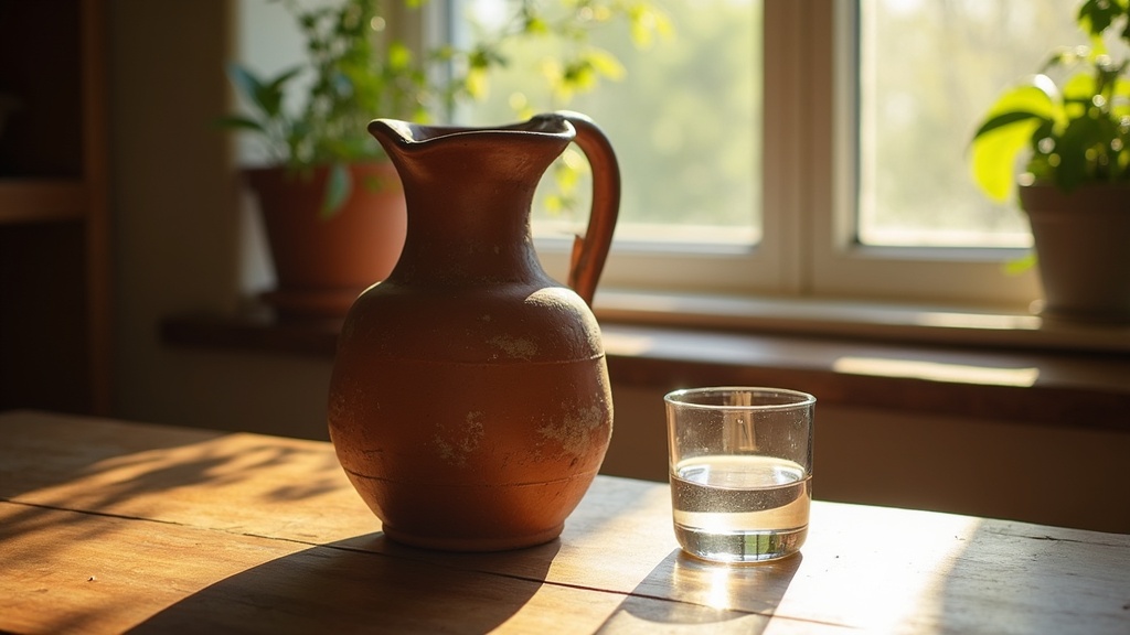 Rustic clay water jug with a glass of clear water on a wooden table, sunlight shining through a window – Sunnah-inspired hydration practice for gut health and mindful living