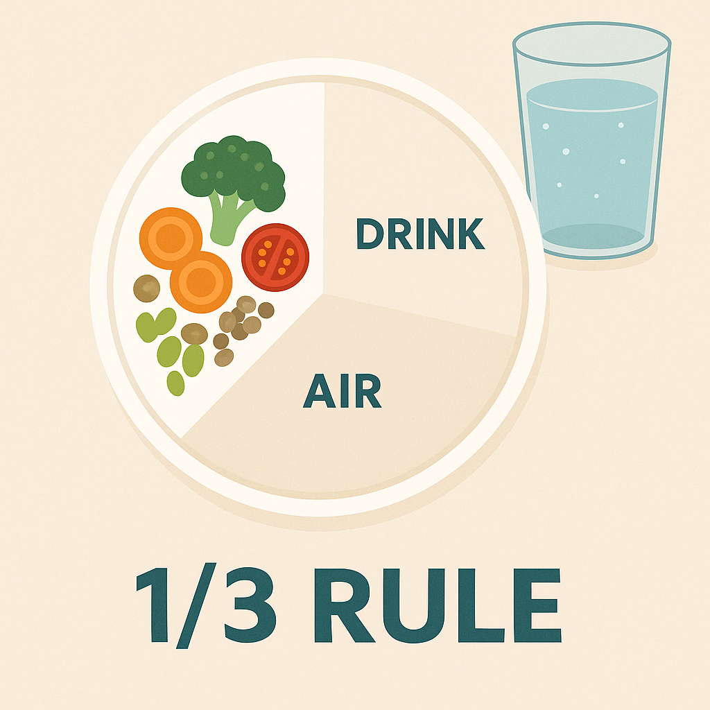 A clean infographic of a white plate divided into three equal parts, with one section filled with fresh vegetables, another represented by a clear glass of water, and the last section left empty to symbolize air. Labels show “1/3 Food,” “1/3 Drink,” and “1/3 Air” on a light wooden background.